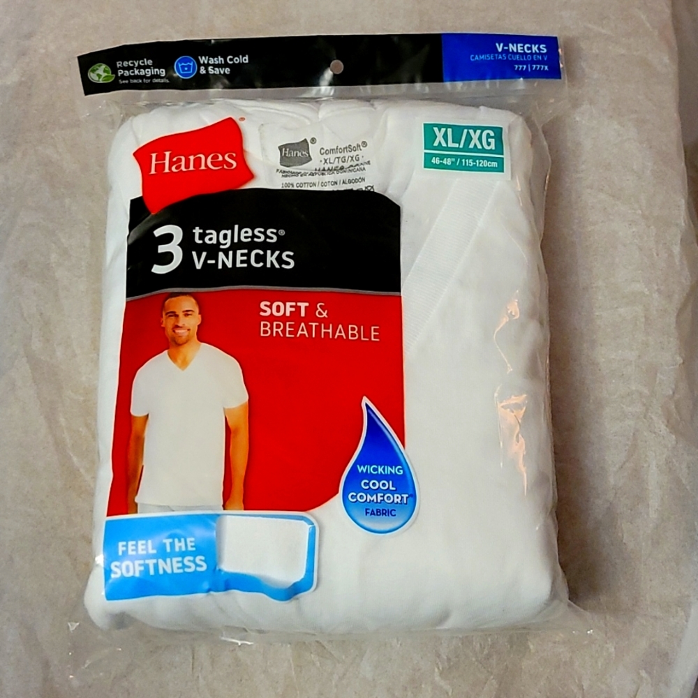 Hanes 3 Tagless V-Necks White T-Shirt Size M⁹